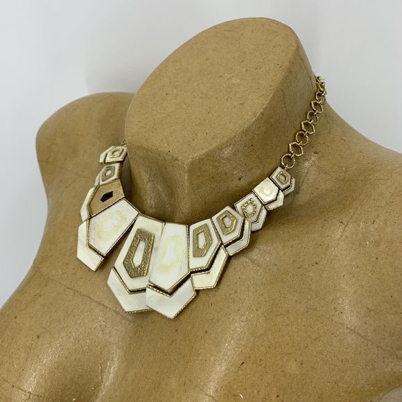 Akola Gold Tone & Bone Hexagon Bib Necklace *AS IS* - Picture 8 of 10